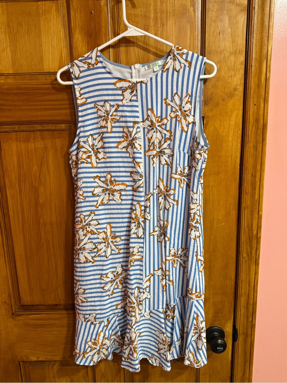Jade Blue and White Striped Floral Casual Dress with Orange Accents